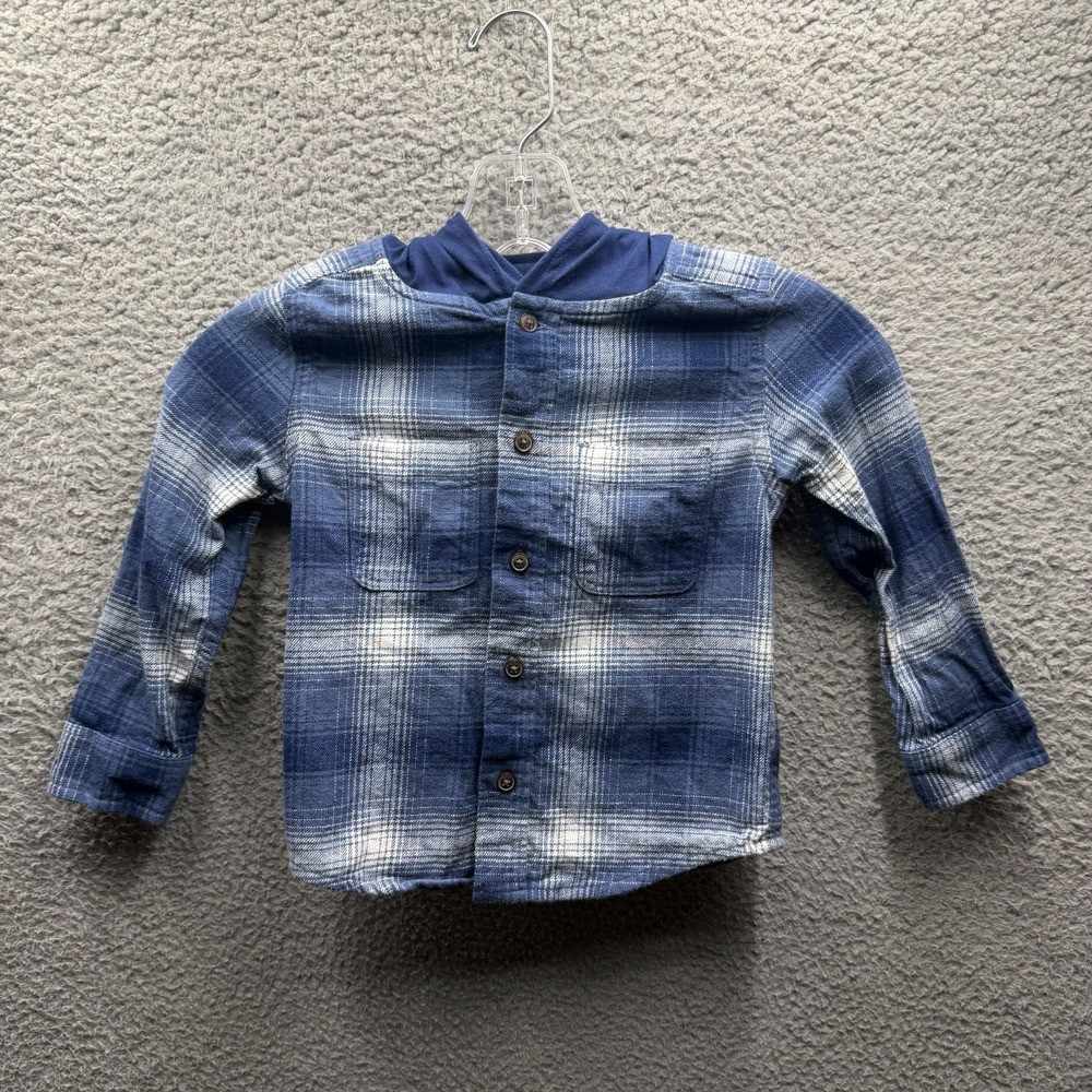 OshKosh Button-Up Toddler Boys Size 4T Blue & White Hooded Cozy Button Up Shirt